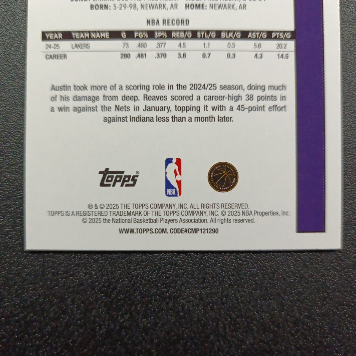 2025-26 Topps Basketball Card Austin Reaves Silver Foil 45th Anniversary