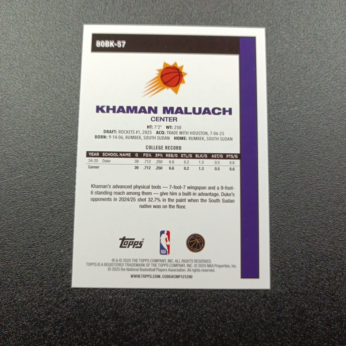2025-26 Topps Basketball Card Khaman Maluach Silver Foil 45th Anniversary