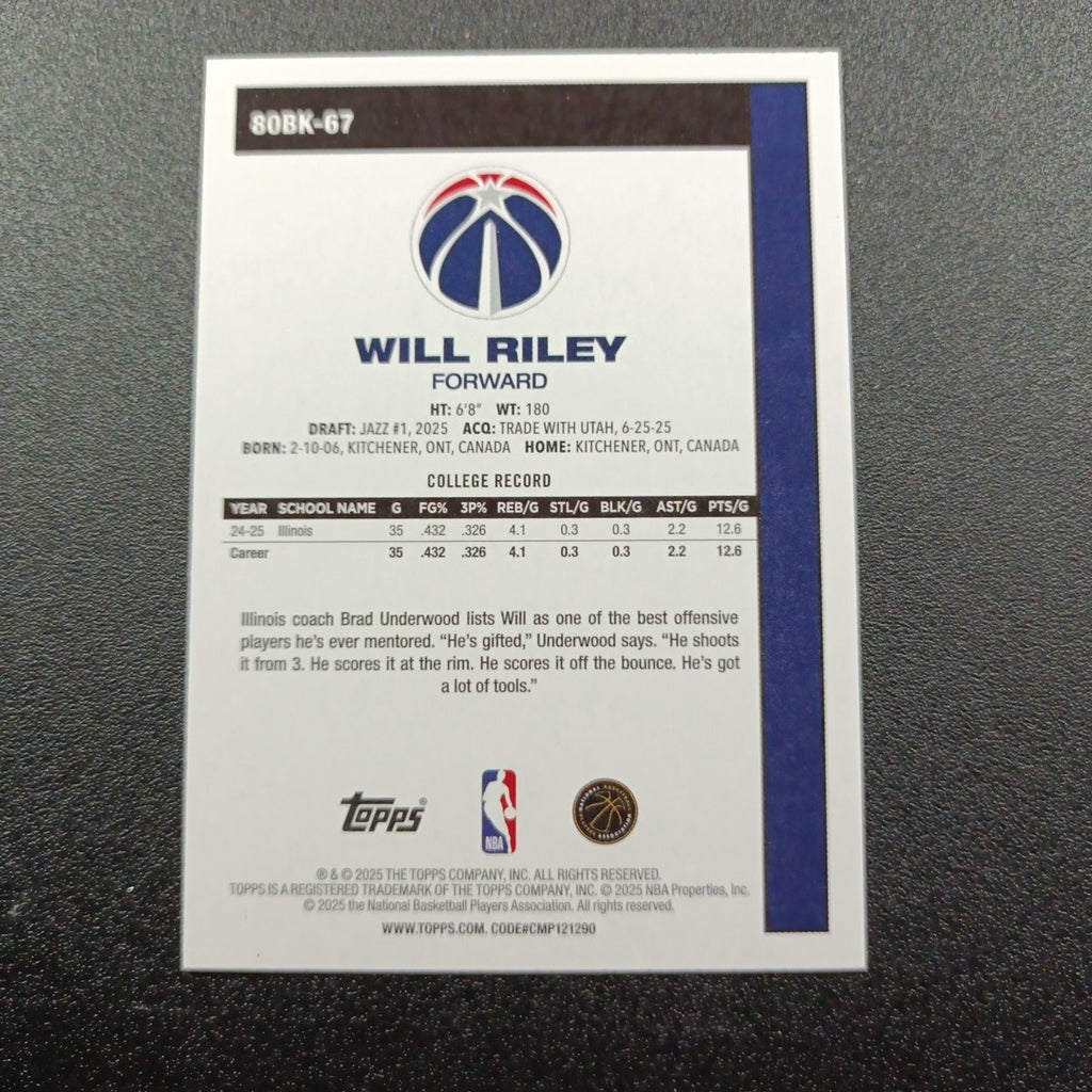 2025-26 Topps Basketball Card Will Riley Silver Foil 45th Anniversary