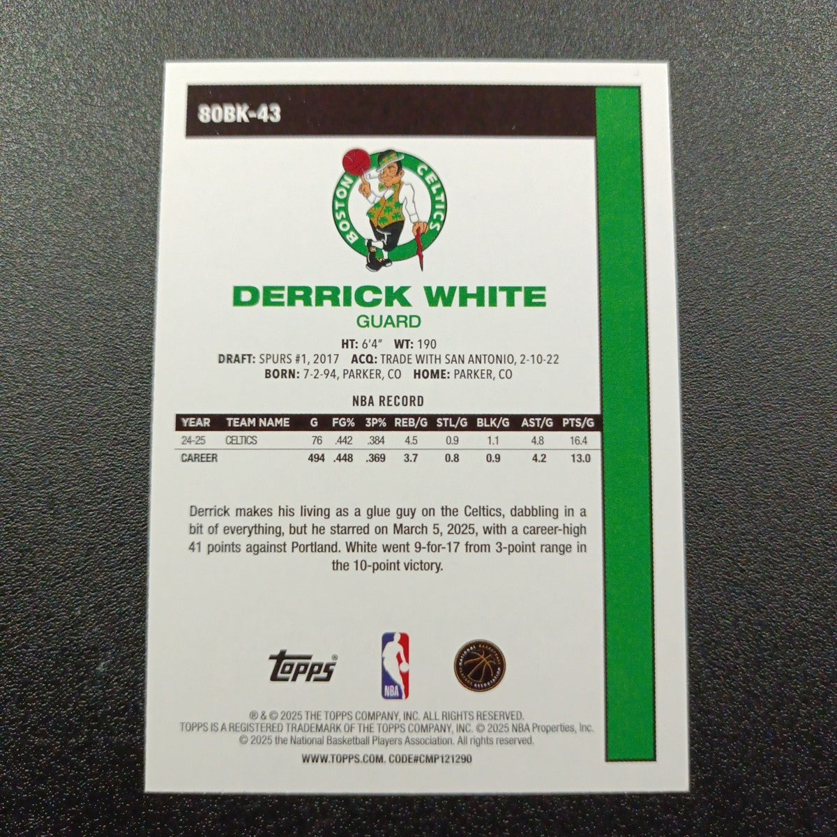 2025-26 Topps Basketball Card Derrick White Silver Foil 45th Anniversary