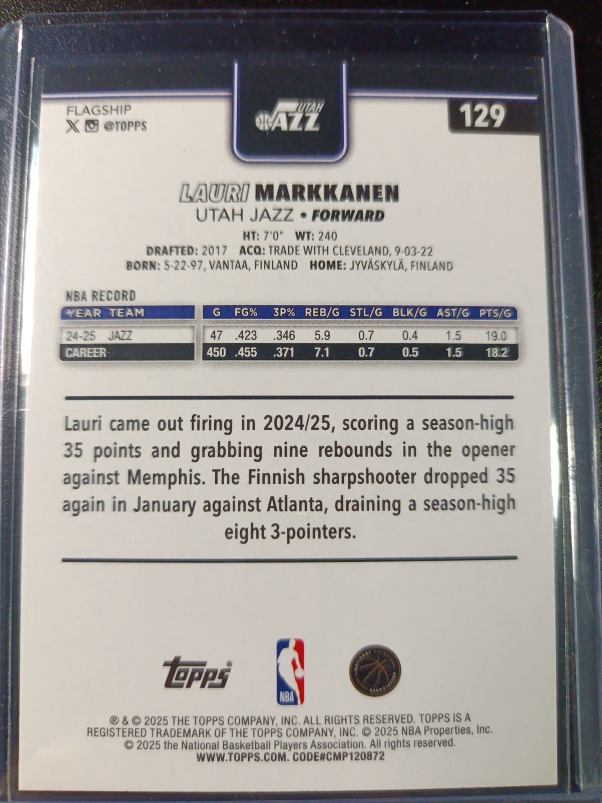 # /2025 Gold Topps Basketball 2025-26 Card Lauri Markkanen 515/2025 Case Hit