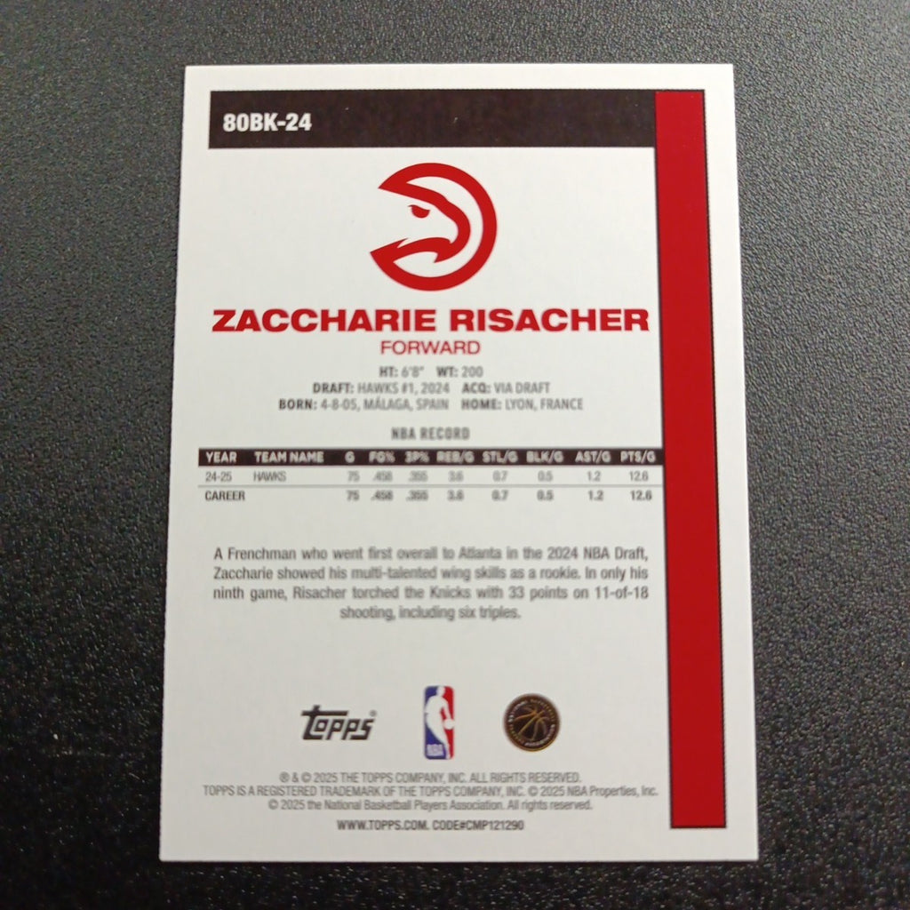 2025-26 Topps Basketball Card Zaccharie Risacher Silver Foil 45th Anniversary