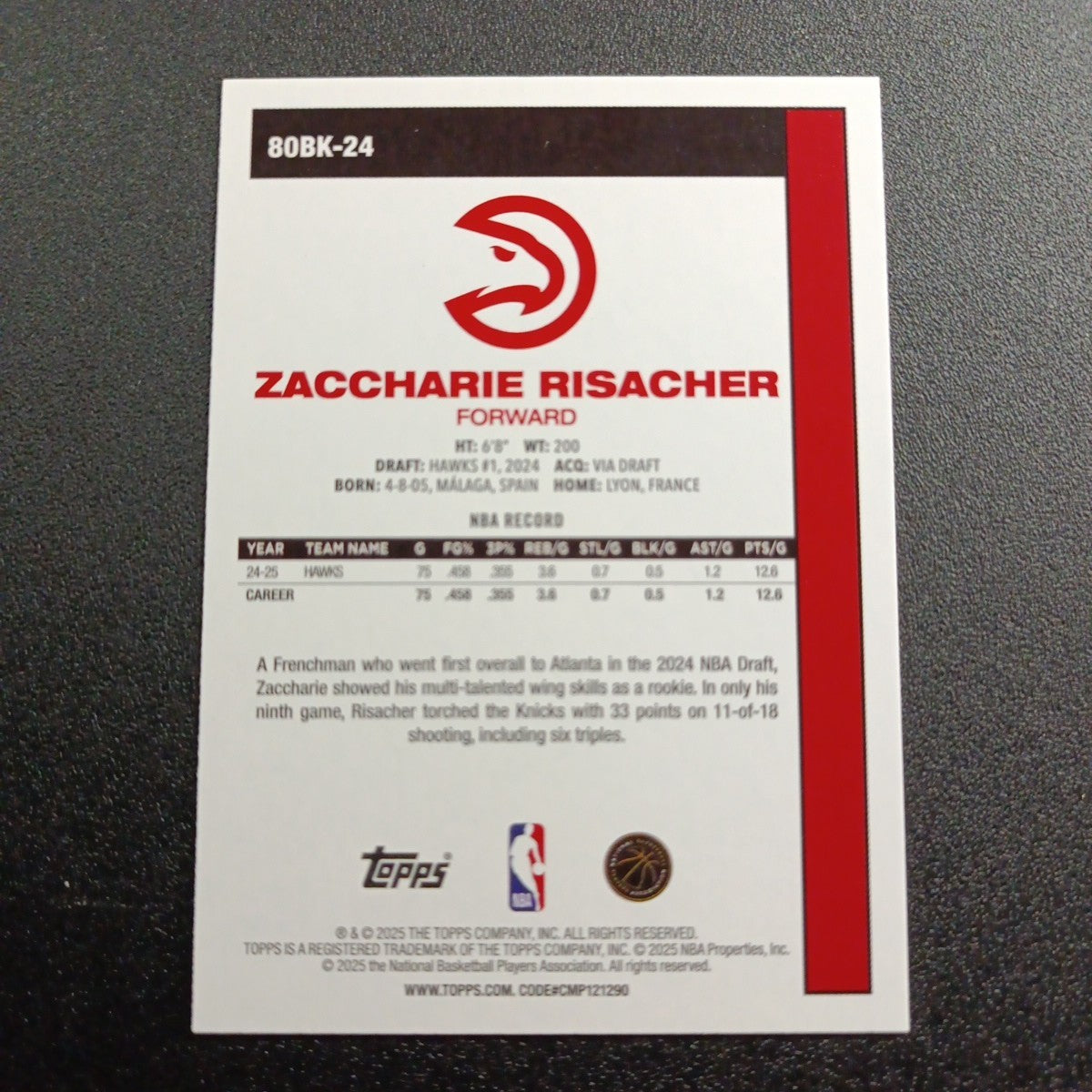 2025-26 Topps Basketball Card Zaccharie Risacher Silver Foil 45th Anniversary