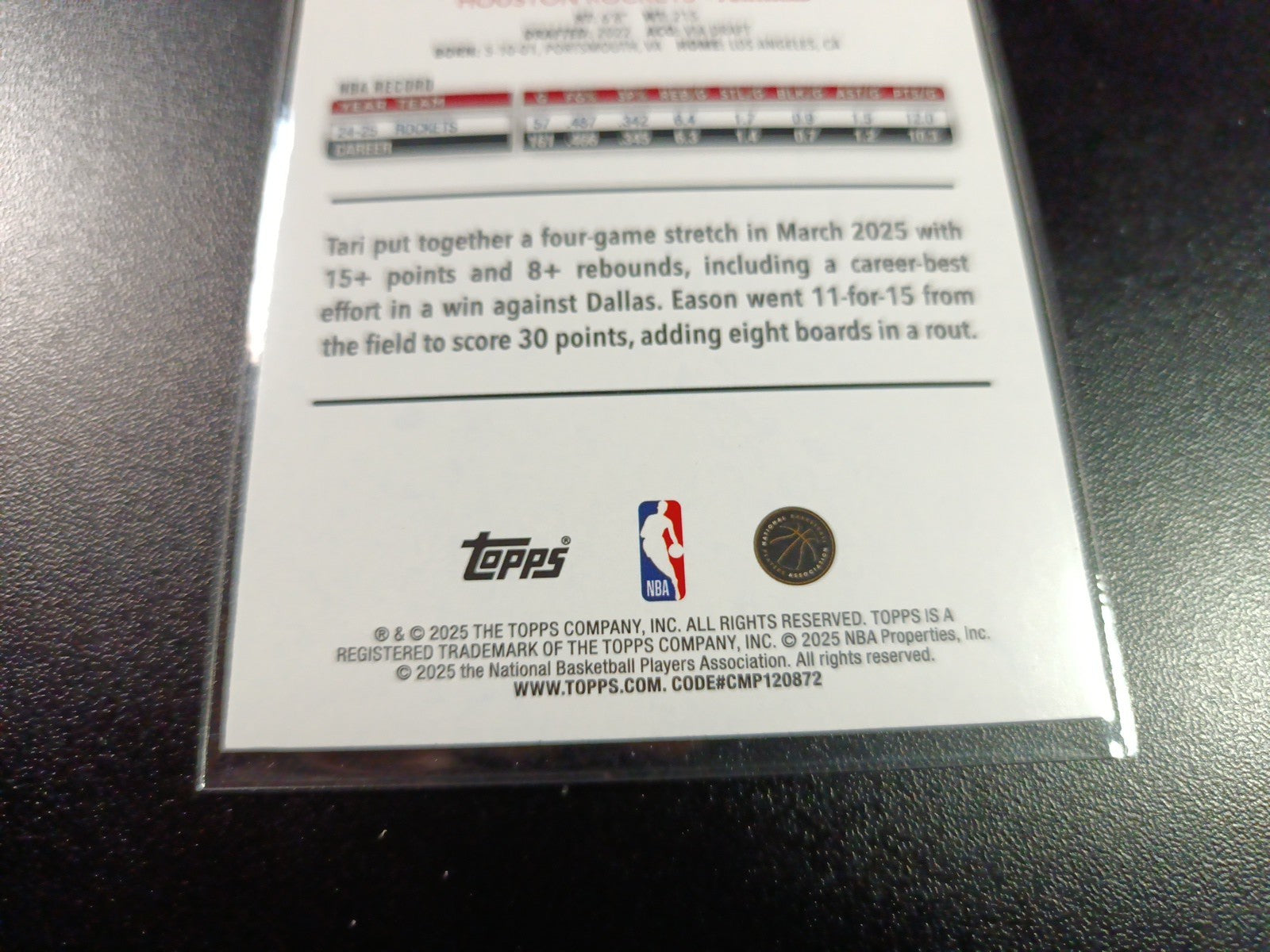 # /2025 Tari Eason Gold Card 2025-26 Topps Basketball NBA Houston Rockets