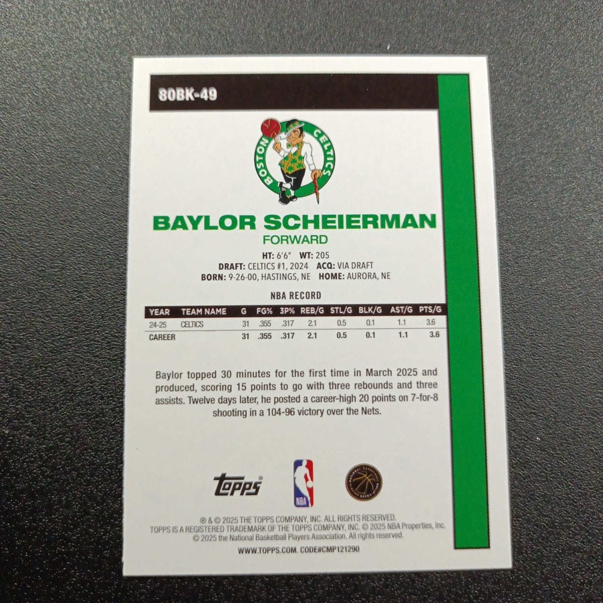 2025-26 Topps Basketball Card Baylor Sheierman Silver Foil 45th Anniversary