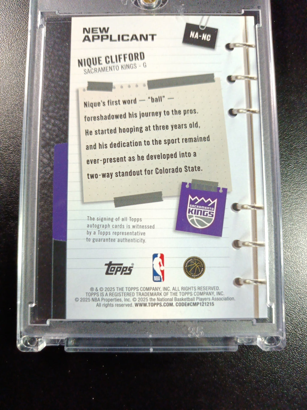 Rookie Autograph Nique Clifford New Applicant Card 2025-26 Topps Basketball NBA