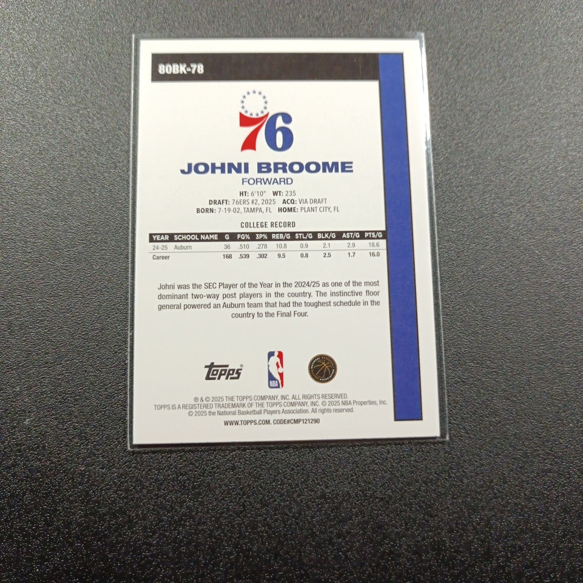 2025-26 Topps Basketball Card Johni Broome Silver Foil 45th Anniversary Case Hit