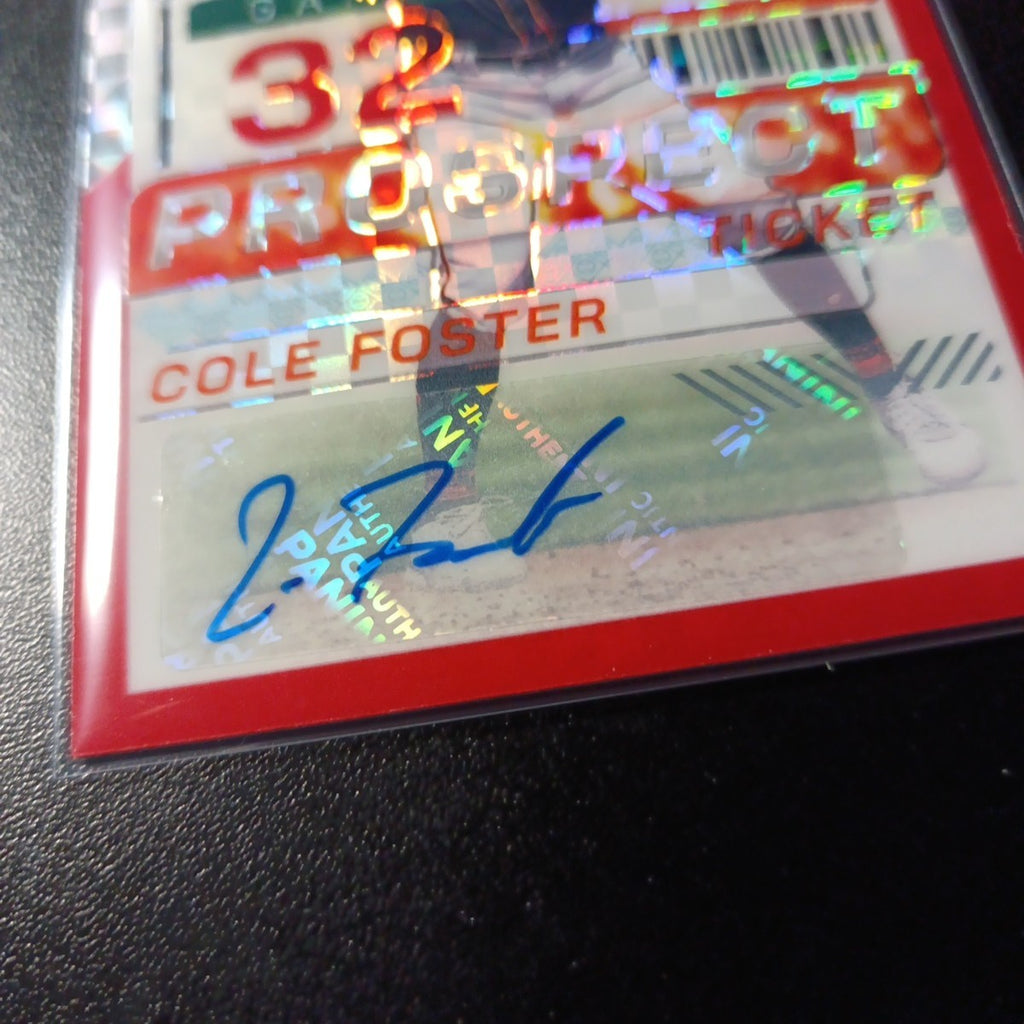 # /99 Red Checkered Prizm Auto Cole Foster Panini Prospect Rookie Baseball Card