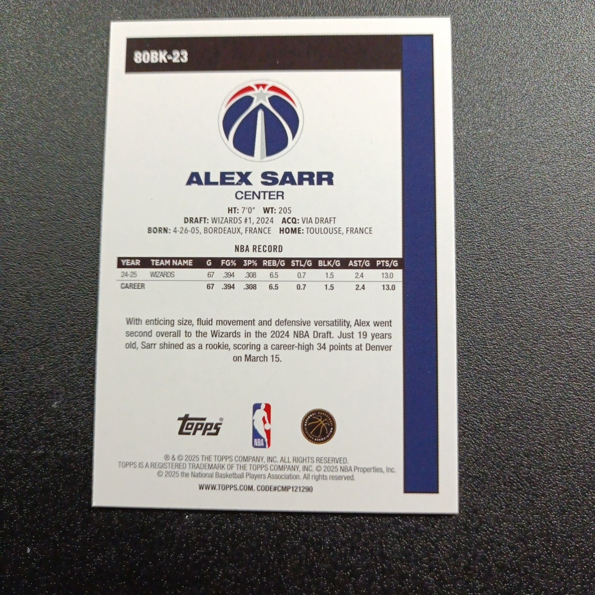 2025-26 Topps Basketball Card Alex Sarr Silver Foil 45th Anniversary