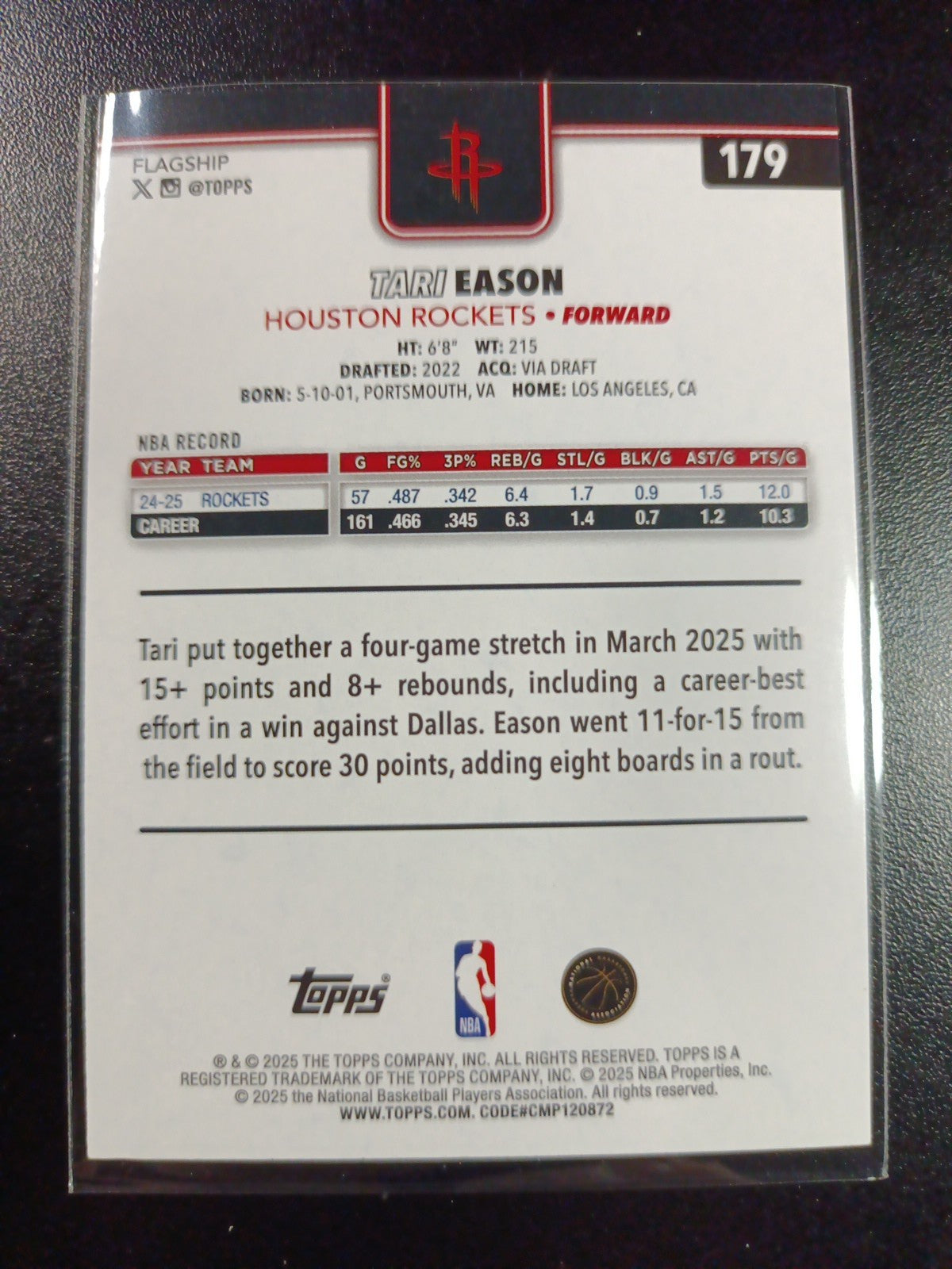 # /2025 Tari Eason Gold Card 2025-26 Topps Basketball NBA Houston Rockets