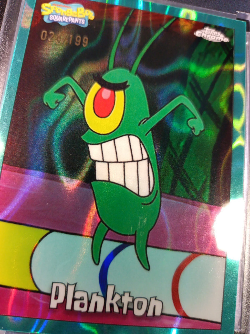 SpongeBob #/199 Plankton Aqua Green Wave Prizm Refractor Topps Chrome 2025