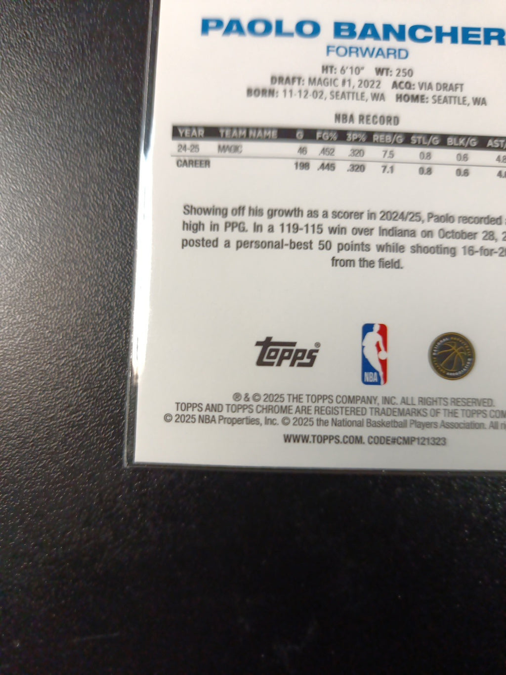 Mojo Refractor Paolo Banchero 45th Anniversary Card 25-26 Topps Basketball NBA