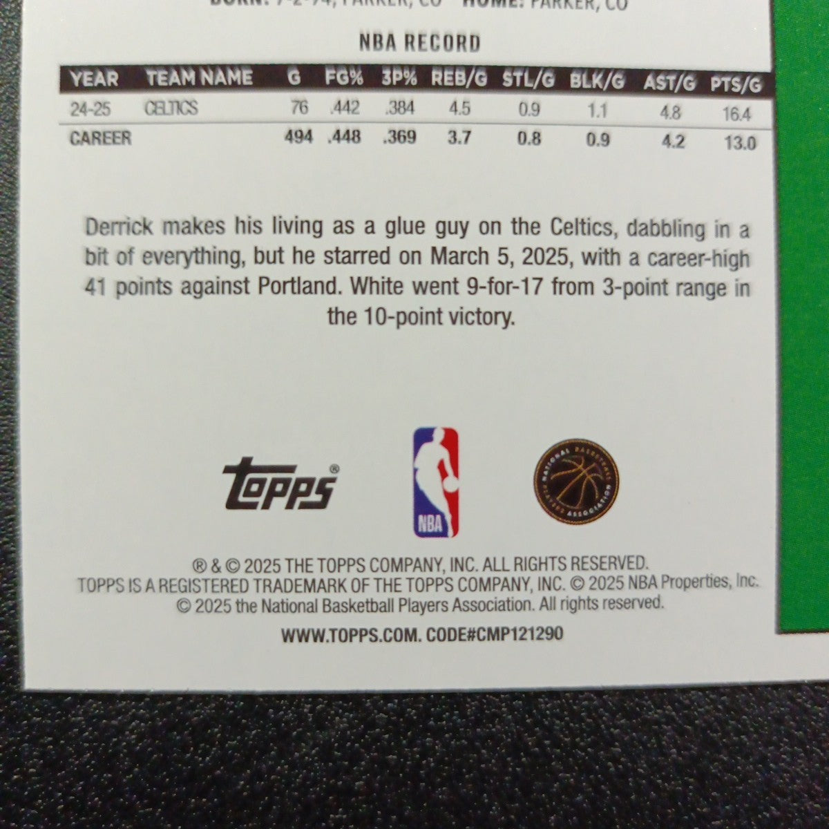 2025-26 Topps Basketball Card Derrick White Silver Foil 45th Anniversary