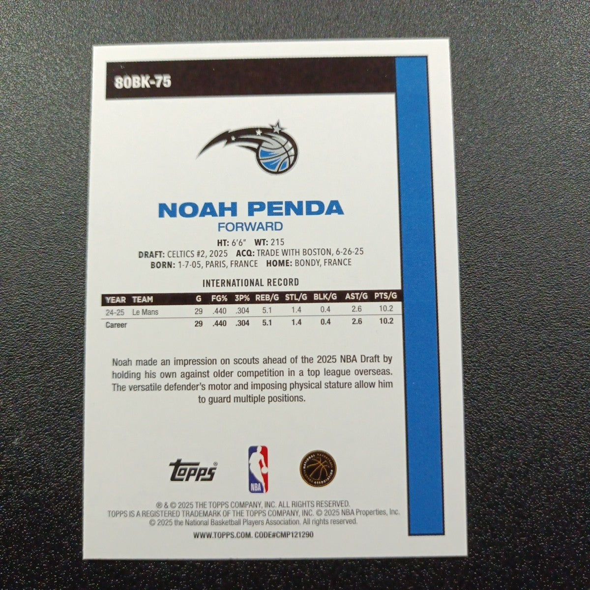 2025-26 Topps Basketball Card Noah Penda Silver Foil 45th Anniversary