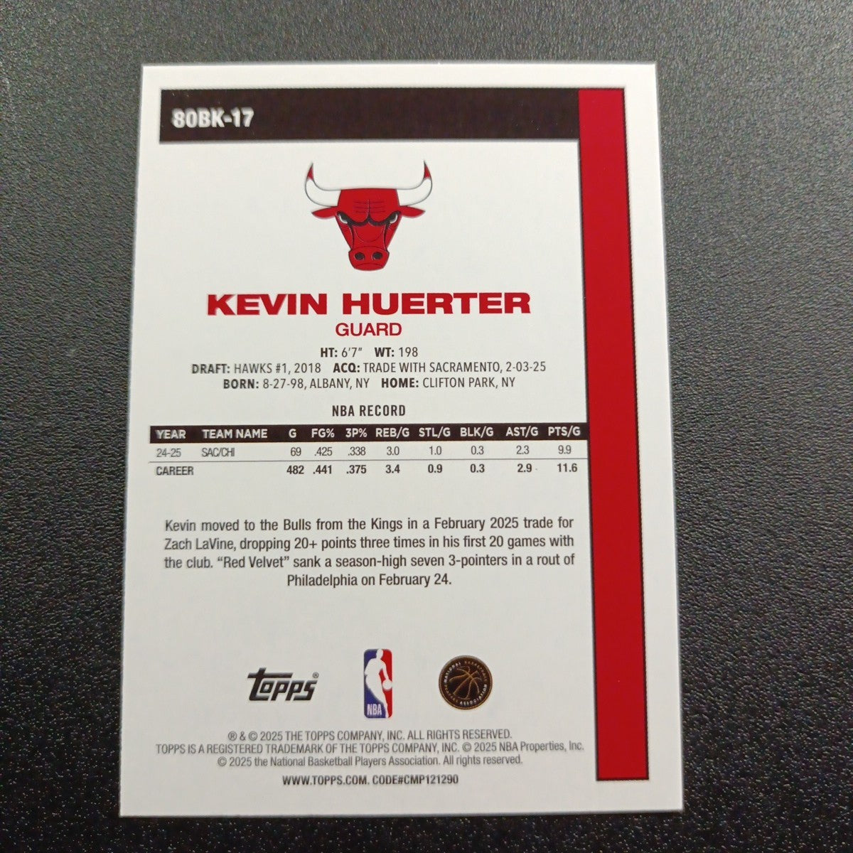 2025-26 Topps Basketball Card Kevin Huerter Silver Foil 45th Anniversary