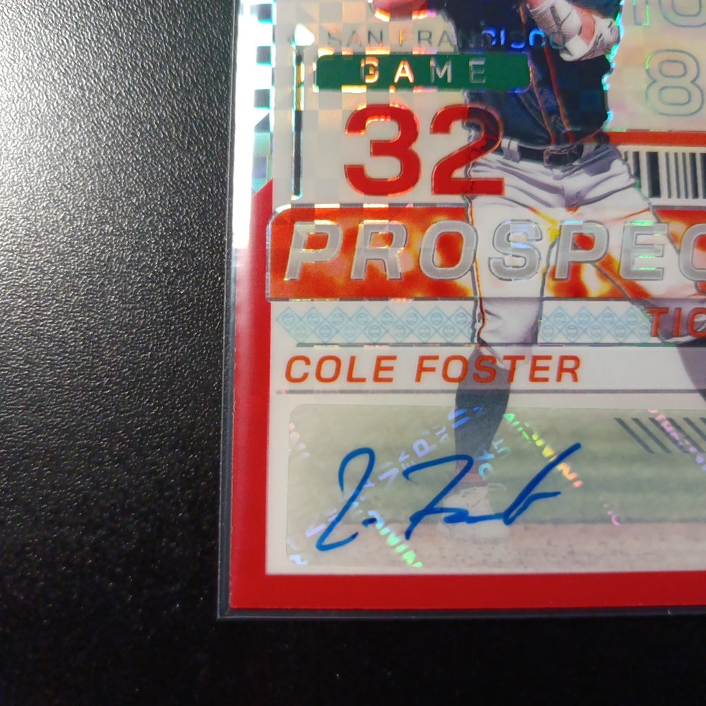 # /99 Red Checkered Prizm Auto Cole Foster Panini Prospect Rookie Baseball Card