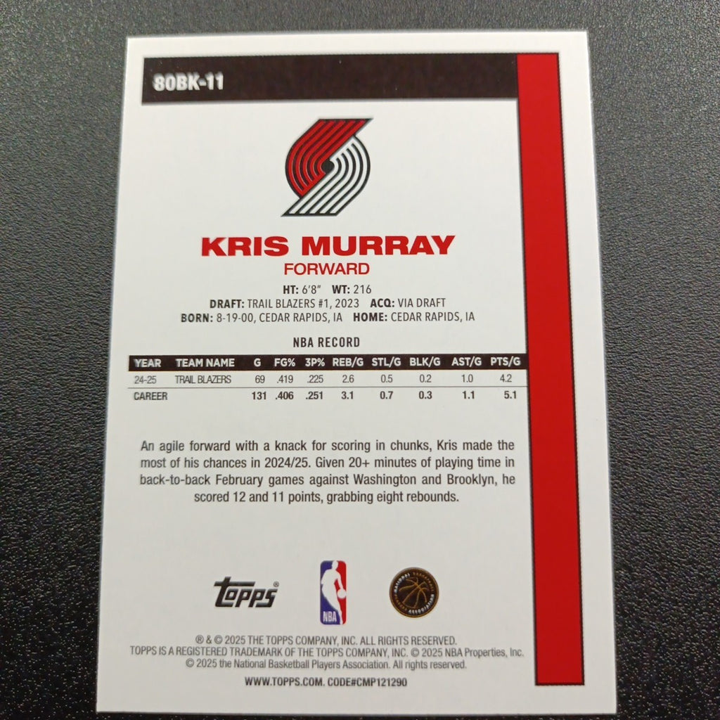 2025-26 Topps Basketball Card Kris Murray Silver Foil 45th Anniversary