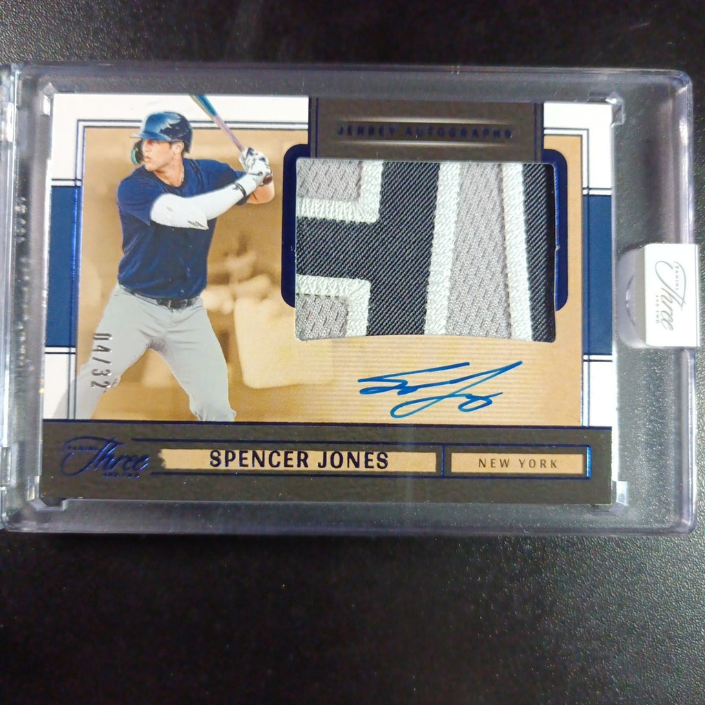 # 4/32 On Card Autograph Game Used Jersey Spencer Jones Yankees Baseball Panini 