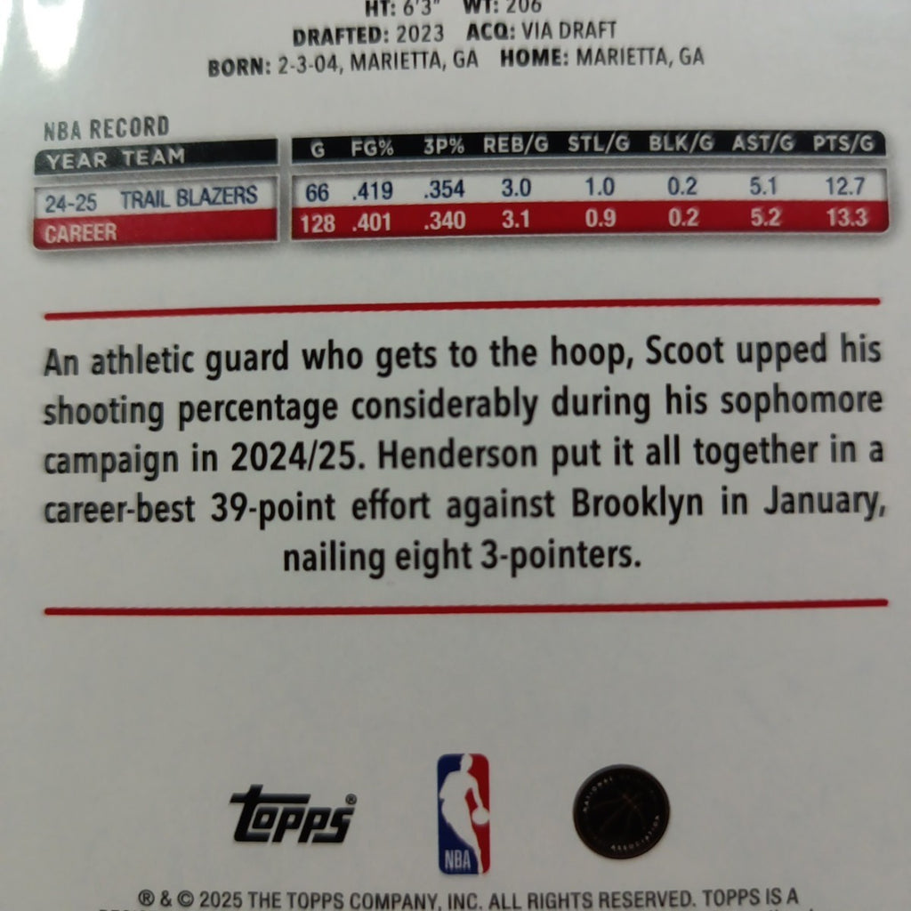 # /2025 Gold Topps Basketball 2025-26 Card Scoot Henderson 0072/2025 Case Hit