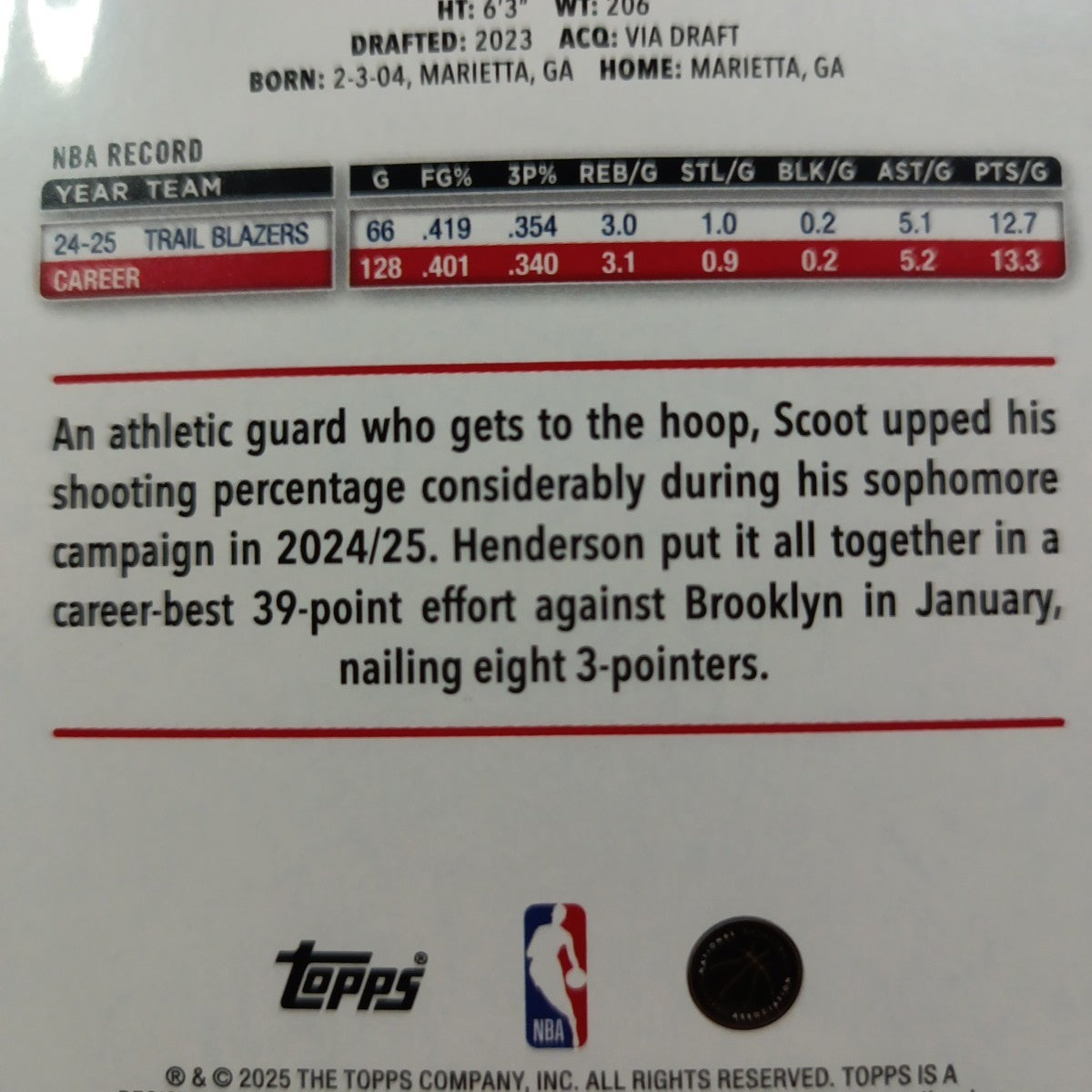 # /2025 Gold Topps Basketball 2025-26 Card Scoot Henderson 0072/2025 Case Hit