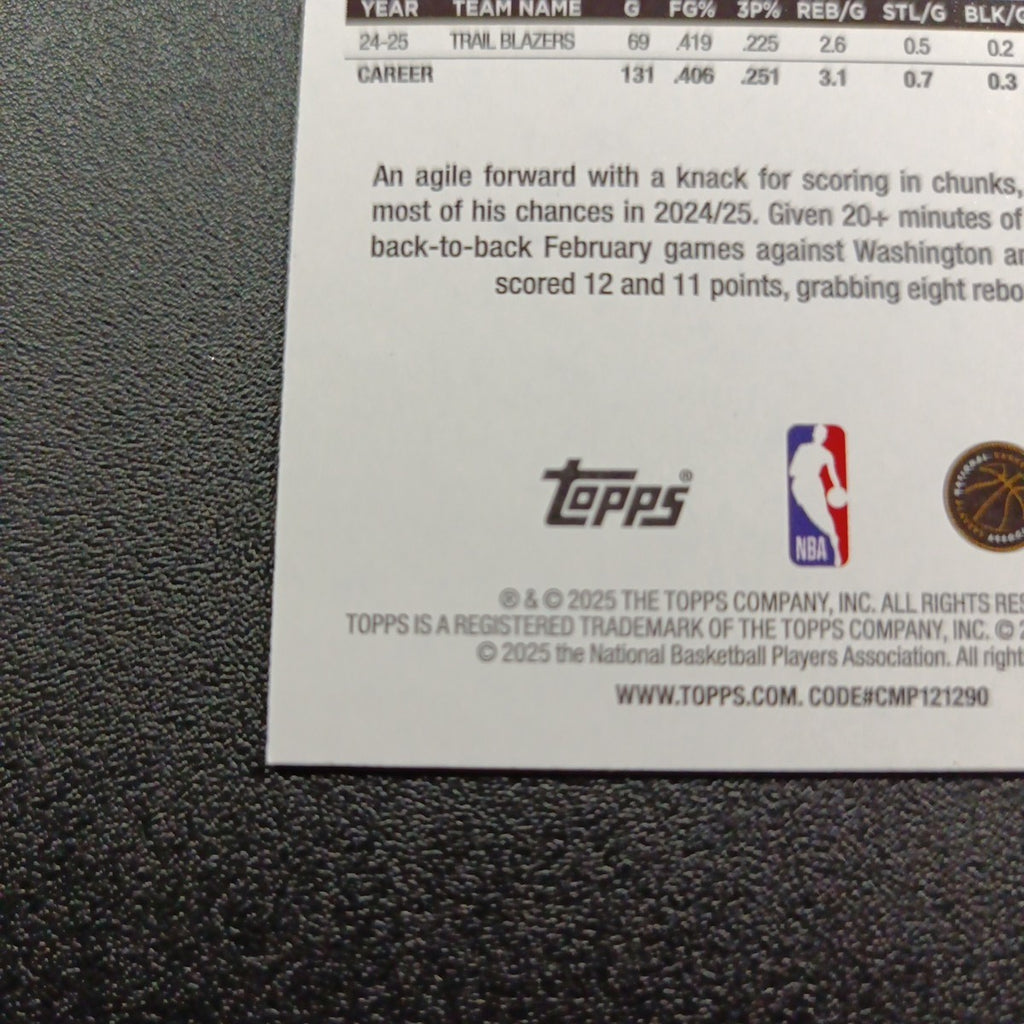 2025-26 Topps Basketball Card Kris Murray Silver Foil 45th Anniversary