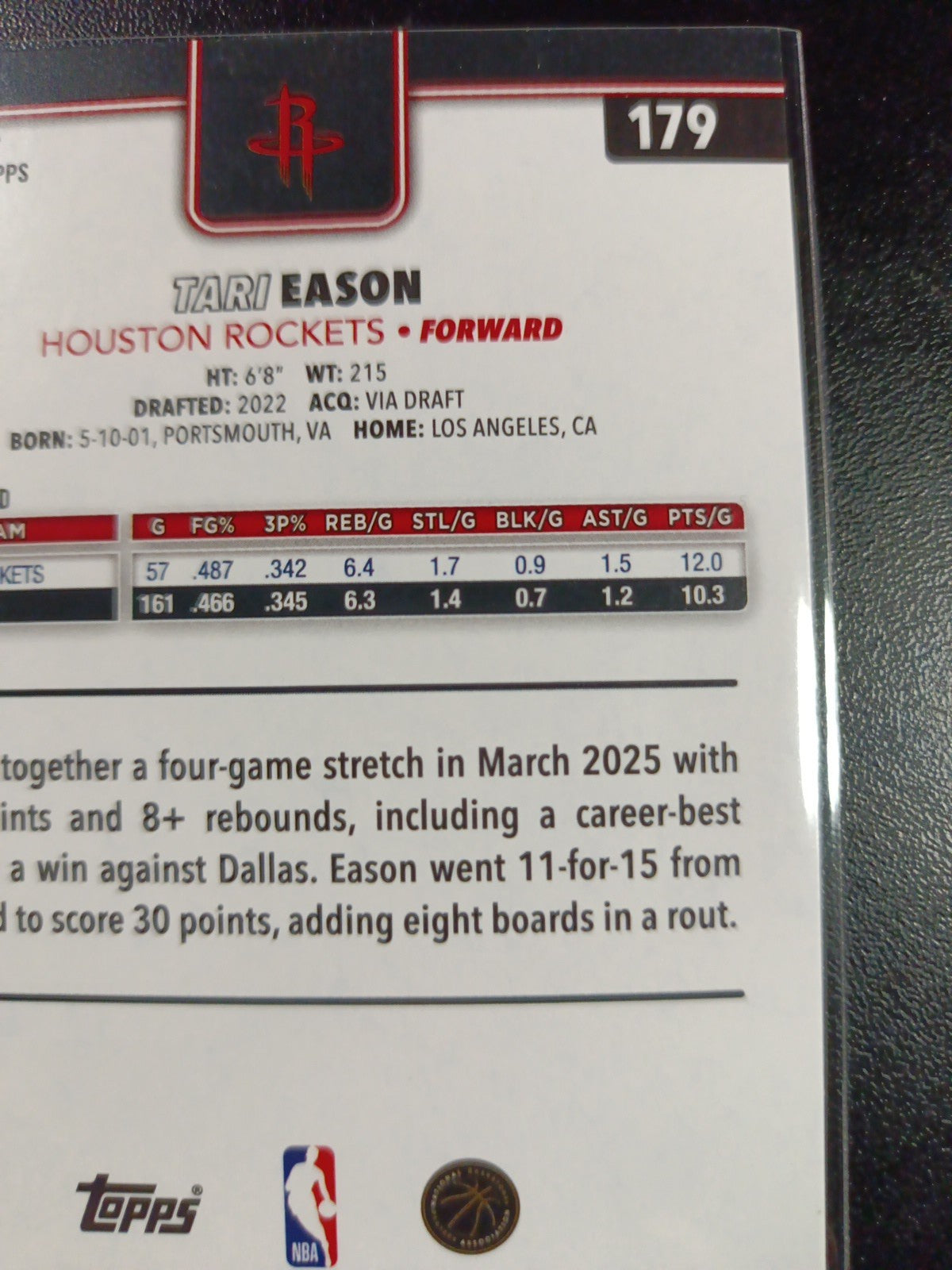 # /2025 Tari Eason Gold Card 2025-26 Topps Basketball NBA Houston Rockets