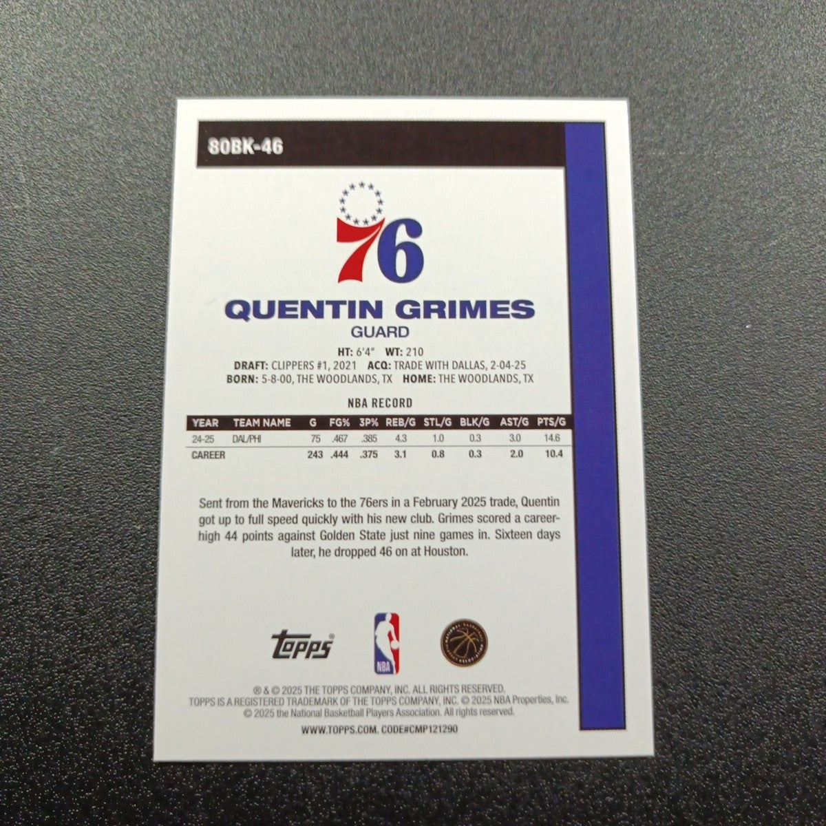 2025-26 Topps Basketball Card Quentin Grimes Silver Foil 45th Anniversary