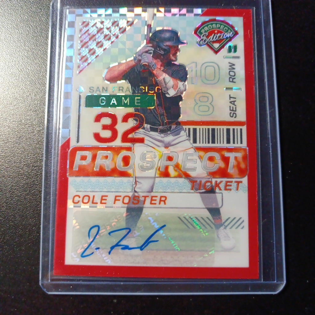 # /99 Red Checkered Prizm Auto Cole Foster Panini Prospect Rookie Baseball Card