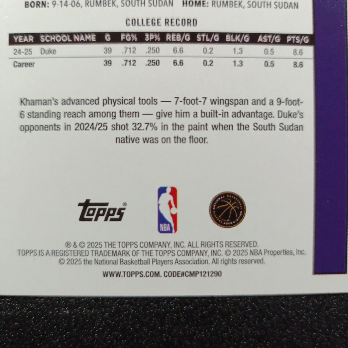 2025-26 Topps Basketball Card Khaman Maluach Silver Foil 45th Anniversary