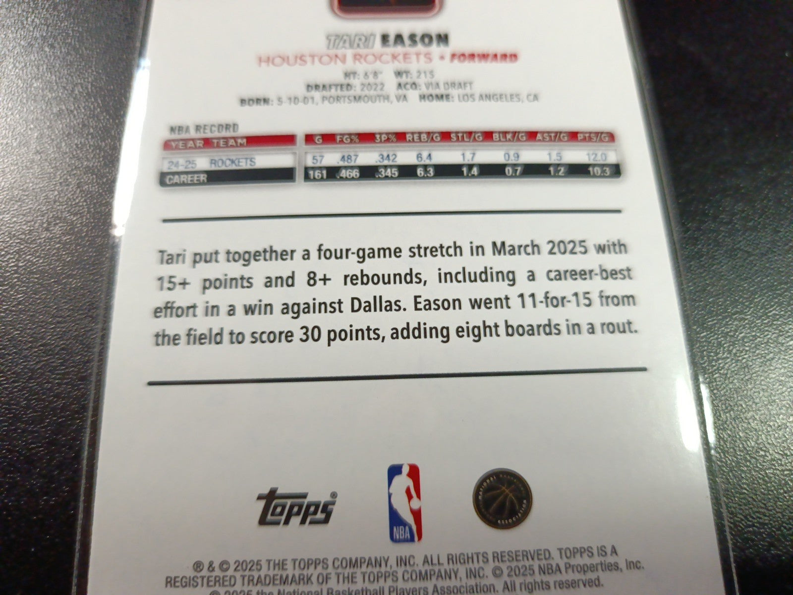 # /2025 Tari Eason Gold Card 2025-26 Topps Basketball NBA Houston Rockets