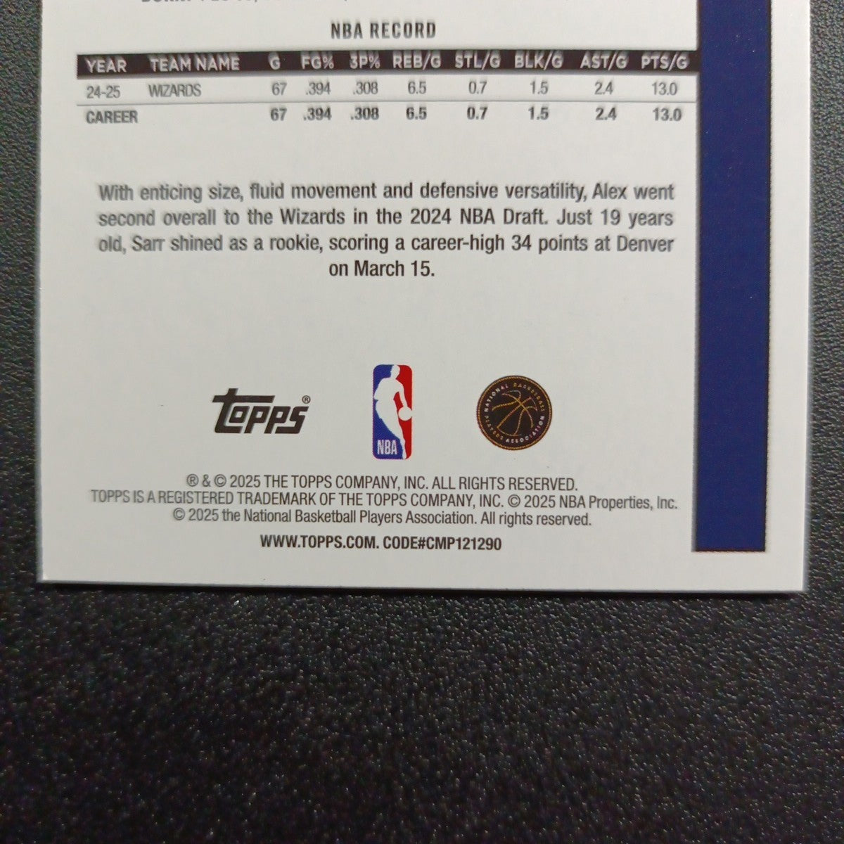 2025-26 Topps Basketball Card Alex Sarr Silver Foil 45th Anniversary