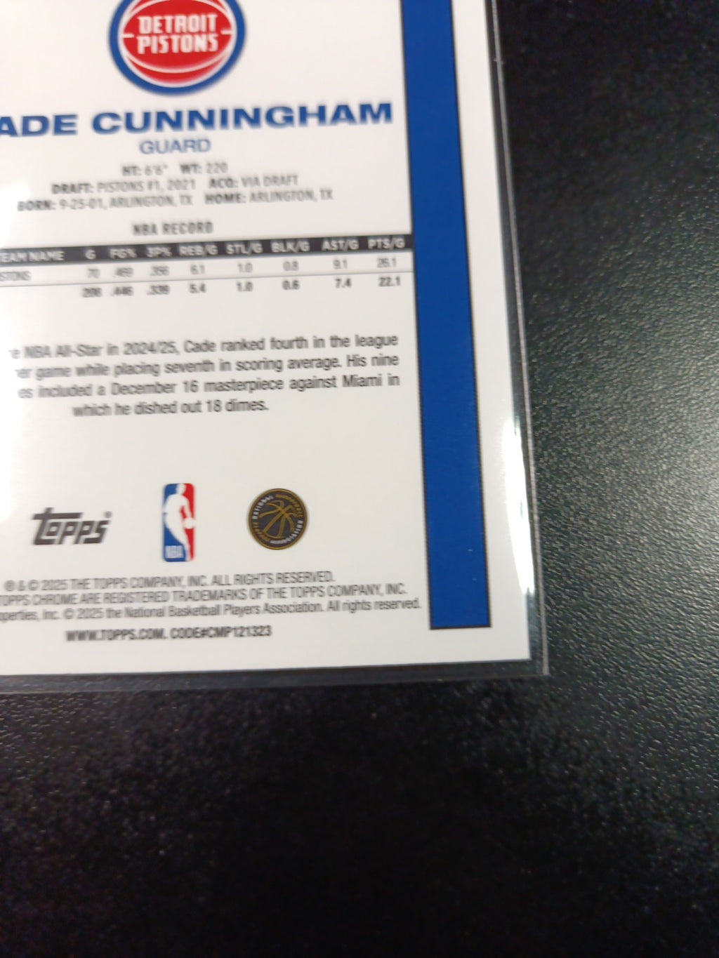 Mojo Refractor Cade Cunningham 45th Anniversary Card 25-26 Topps Basketball NBA