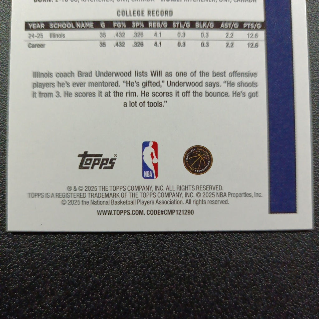 2025-26 Topps Basketball Card Will Riley Silver Foil 45th Anniversary