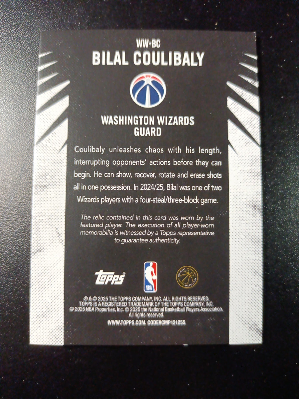 /99 Topps Basketball 2025-26 Card Bilal Coulibaly Jersey Patch Relic Green Prizm