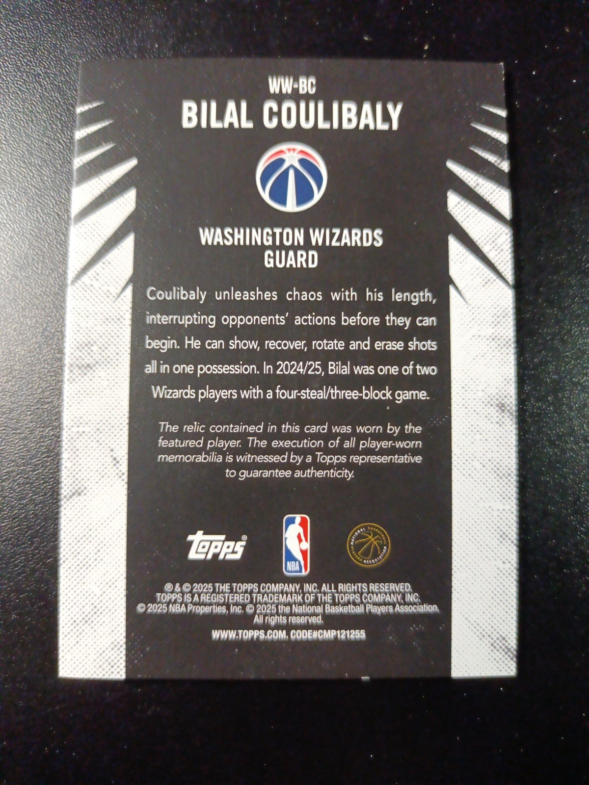 /99 Topps Basketball 2025-26 Card Bilal Coulibaly Jersey Patch Relic Green Prizm