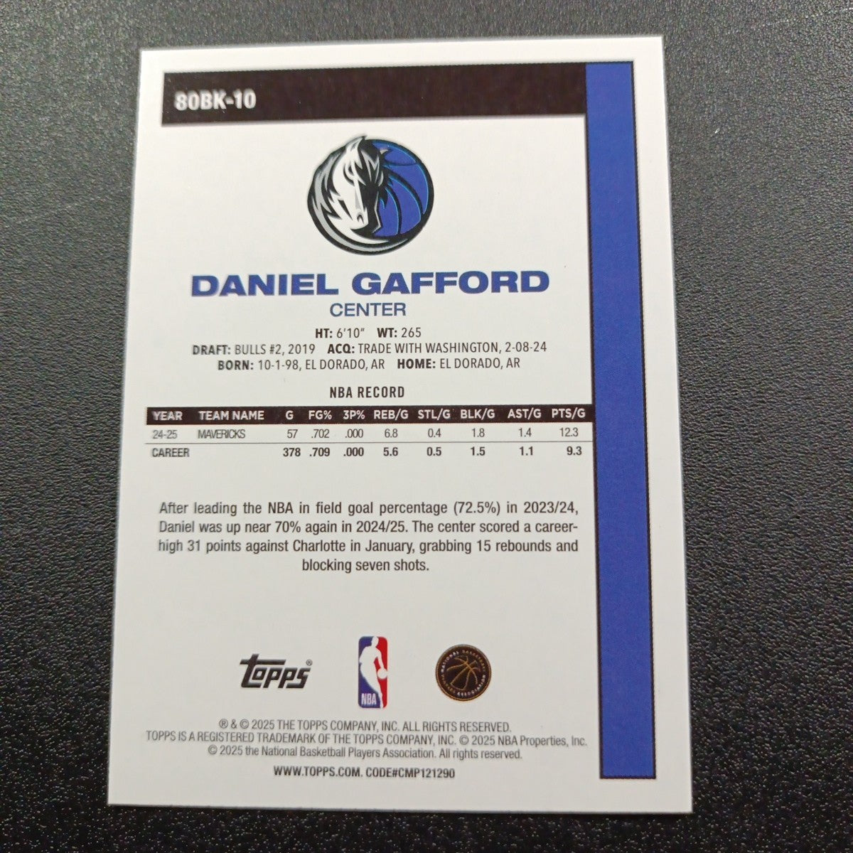 2025-26 Topps Basketball Card Daniel Gafford Silver Foil 45th Anniversary