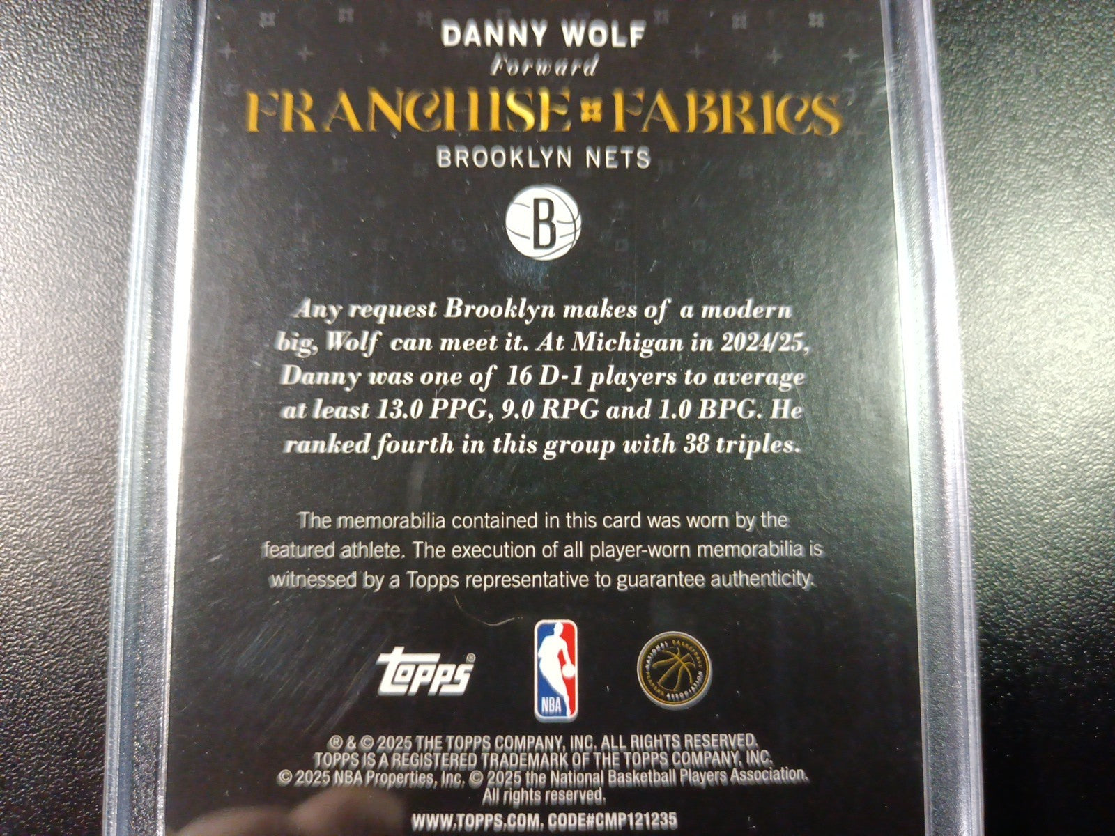 Danny Wolf Rookie Topps Basketball 2025-26 Jersey Patch Relic Franchise Fabrics 