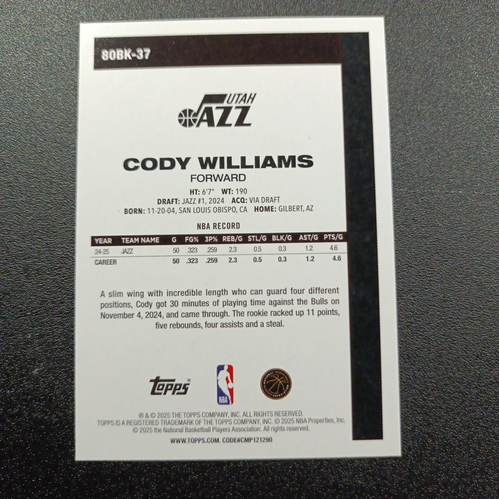 2025-26 Topps Basketball Card Cody Williams Silver Foil 45th Anniversary
