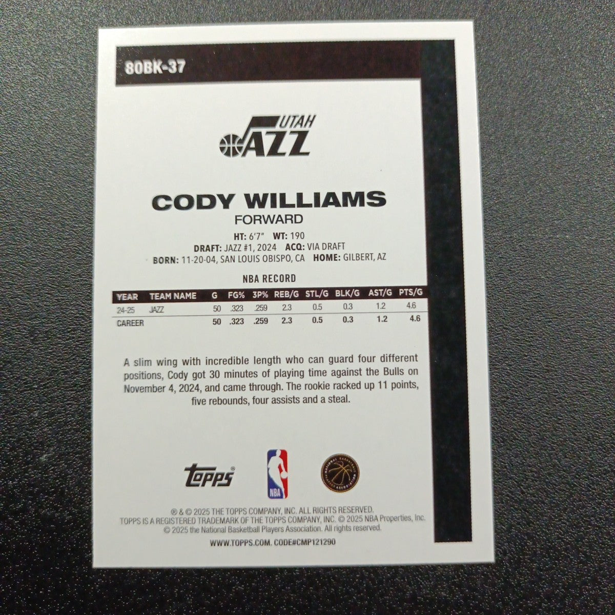 2025-26 Topps Basketball Card Cody Williams Silver Foil 45th Anniversary