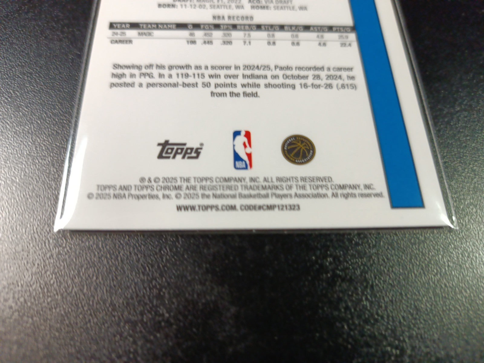 Mojo Refractor Paolo Banchero 45th Anniversary Card 25-26 Topps Basketball NBA